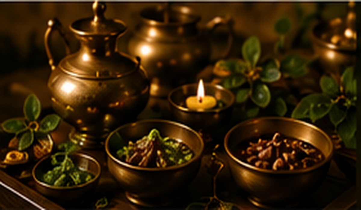 Traditional Kerala Ayurveda herbs and wellness setting